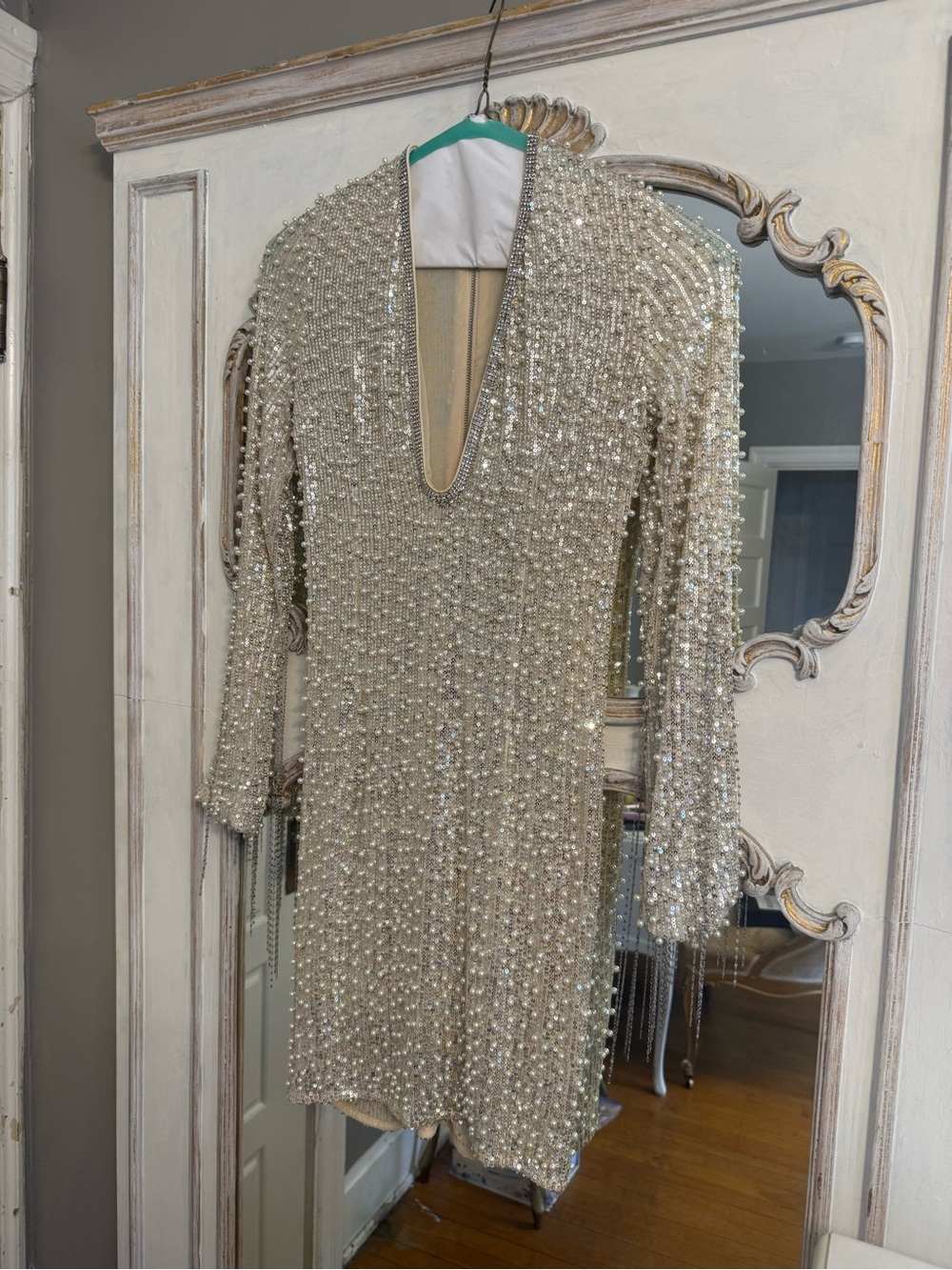 Fashion Nova Pearl Embellished Silver & Nude Mini Dress with Deep V-Neck Small